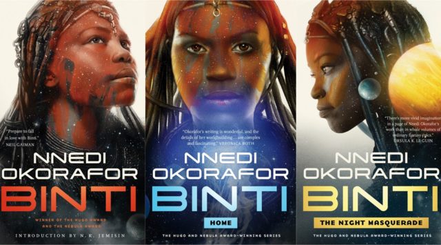 Capas da Trilogia Binti, escrita por Nnedi Okorafor