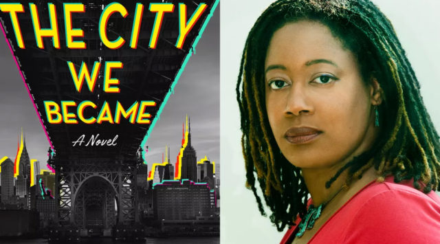 Foto de N.K. Jemisin e a capa de seu novo livro,